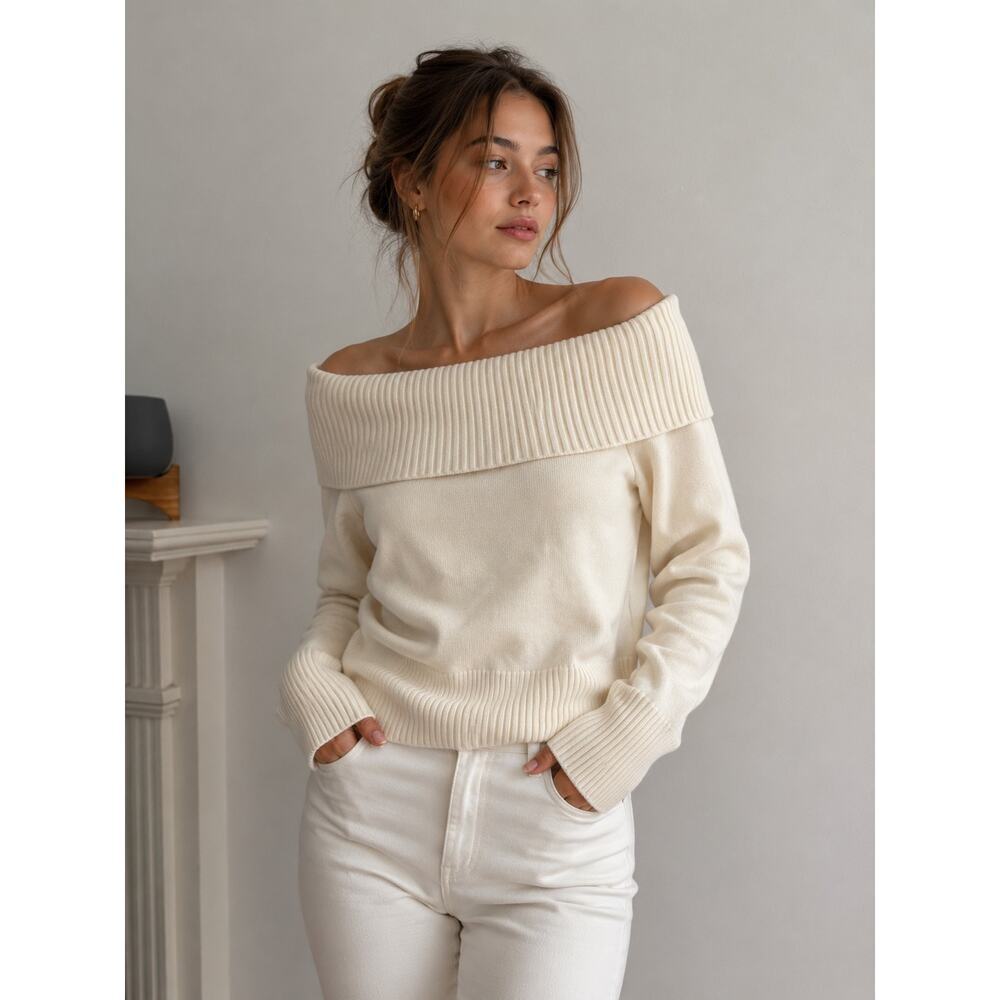 Women’s Ivory Off Shoulder Sweater Ribbed Foldover Cowl Neck Knit Pullover